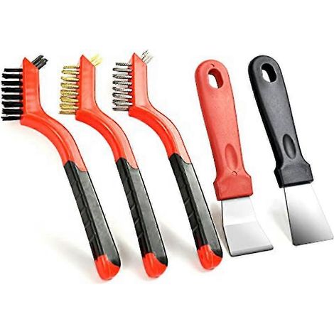 Ensemble de 5 brosses métalliques avec grattoir - Soies en nylon/laiton/acier inoxydable et poignée incurvée (1/5)