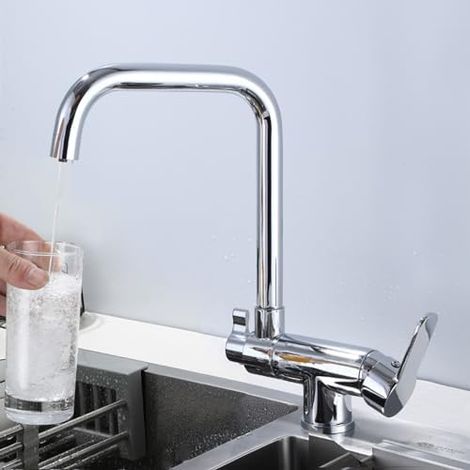 Robinet 3 Voies Cuisine Mitigeur Cuisine Rabattable Sous Fenetre Robinet Rotatif Robinet de Cuisine à Eau Potable Filtré Mitigeur à 3 Voies pour Evier,Chromé (1/5)