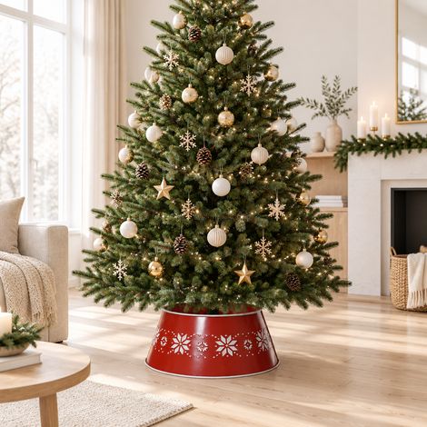 Base per albero in metallo colore rosso con decorazioni floreali bianche -57 cm (1/5)