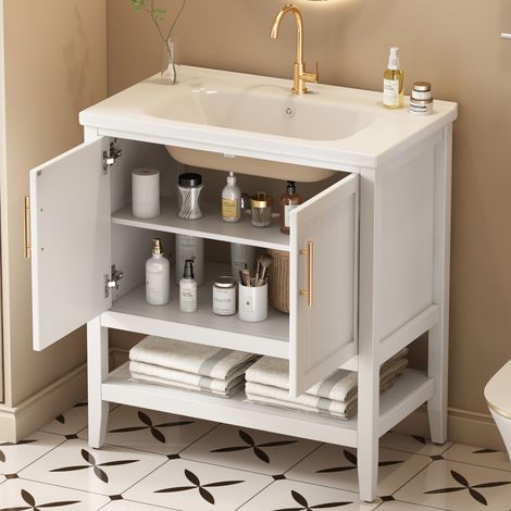 old sku:LY316467AAA-Mobilier de salle de bain Lavabo simple avec meuble sous vasque 80cm avec vasque en céramique, blanc (1/5)
