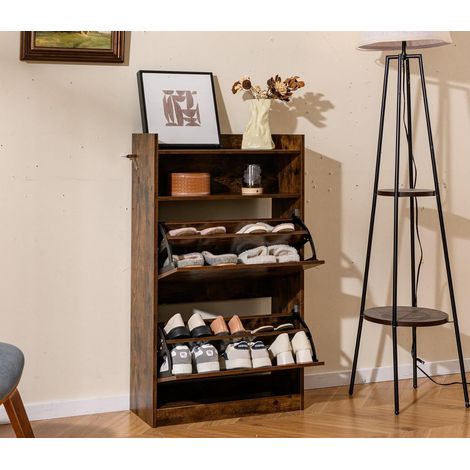 GOPLUS Meuble Chaussures avec 2 Tiroirs Rabattable, Etagere Chaussure Indépendante avec Compartiment Ouvert, Étagères Réglables et Amovibles, Rangement Étroit pour Entrée, Couloir et Salon (Café) (1/5)