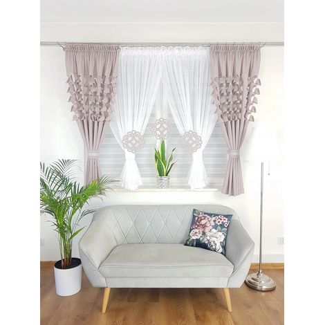 Elegante juego de cortinas y visillos - color brezo (1/5)