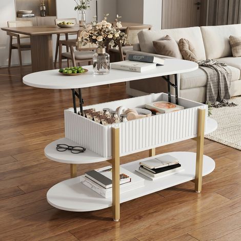 Table Basse, Table de Salon Relevable, table d'appoint multifonction avec Rangement Caché et Compartiments Ouverts, pour Salon, Chambre, Bureau,blanc (1/5)