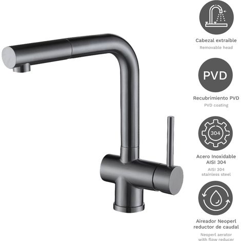 Grifo de cocina monomando con caño alto extraíble Orion Antracita, diseño elegante y funcional,giro 360°,ahorro de agua,instalación fácil