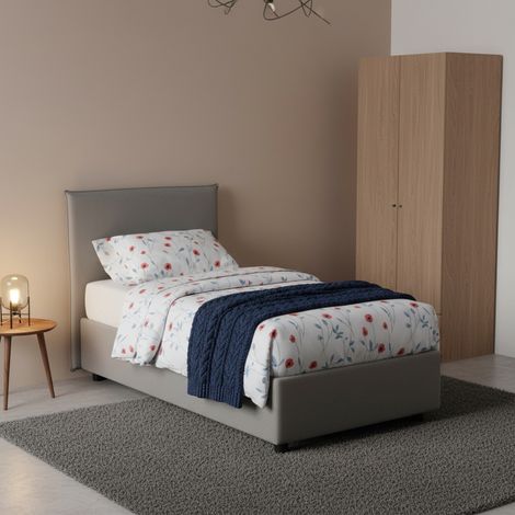 Talamo Italia Cama individual Carola, Cama contenedor con revestimiento de tela, 100% Made in Italy, Apertura lateral, con colchón Cm 80x190 incluido, Gris, con embalaje reforzado (1/5)