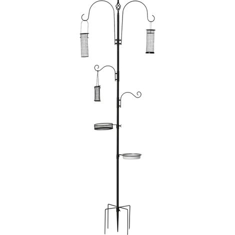 Estación para comederos de aves de acero negro de 208 cm con 4 ganchos, bebedero y bandeja (1/5)