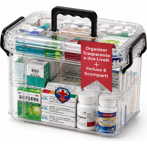 Organizer Per Farmaci Trasparente A 2 Livelli Con Maniglia E Chiusura A Clip -  8 Scomparti Superiori 23,5x17x13,5 Cm