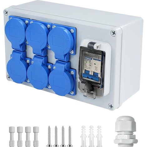 Coffret Électrique de Chantier 250V, Coffret Chantier Répartiteur Mural avec Disjoncteur, 16A Répartiteur de Courant avec 6 Prises, Distributeur de Puissance pour Ateliers,Usines et Chantiers (1/5)