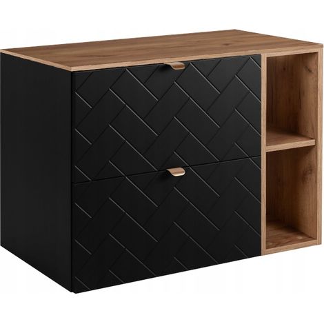 Rodan Waschbeckenunterschrank 80 cm, Schwarz Matt, 46 x 80 x 62,3 cm, mit Waschtischplatte und braunem Badregal, feuchtraumgeeignet, Badmöbel