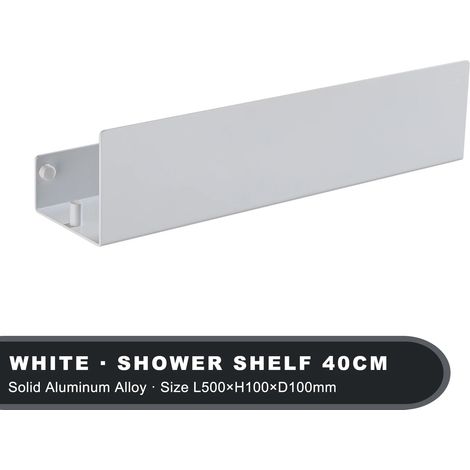 Étagère de rangement murale (blanche, 40 cm) avec crochets, en aluminium, pour salle de bain et cuisine. Support mural pour rangement de douche. (1/5)