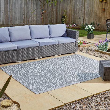 Modern Garden Outdoor Rug 150 x 210cm Polypropylene Waterproof Garden Patio Rug Grey Pattern Indoor Outdoor Plastic Picnic Rug