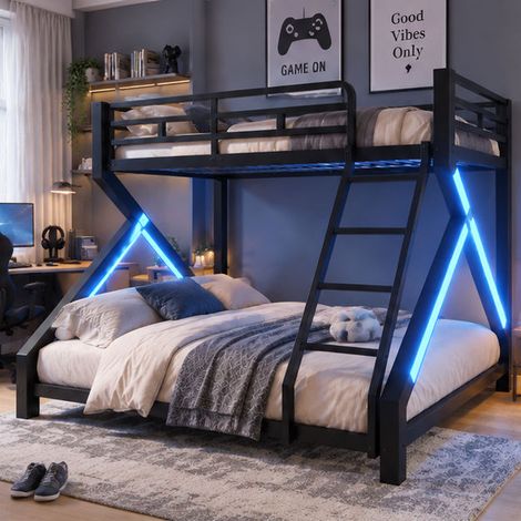 Lit Superposé 90 x 200 cm / 140 x 200 cm avec Éclairage LED, Garde-Corps de Sécurité et Échelle, Structure Robuste en Métal, Lit Enfant et Ado, Noir (1/5)
