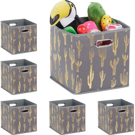 Relaxdays Set of 6 Folding Storage Boxes, Square, 29 x 28.5 x 28.5 cm, Shelf Tidy with Handle Holes, Cactus, Grey/Gold