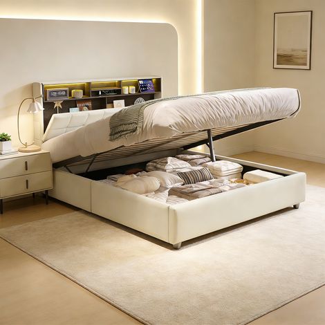 CJHXE Letto matrimoniale imbottito 160 x 200 cm, letto contenitore idraulico con illuminazione a LED, rete a doghe, testiera con porta USB Type-C (1/5)