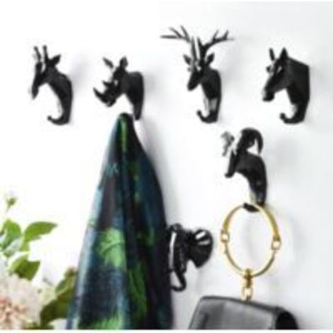 6 Pièces Crochets Patères Porte Manteau Mural Tête d'Animal Cerf Éléphant Chèvre Crochets Decoratif Murale Créatif en Résine Rétro Vintage Crochet de Porte pour Entrée Chambre Salle de Bain，noir
