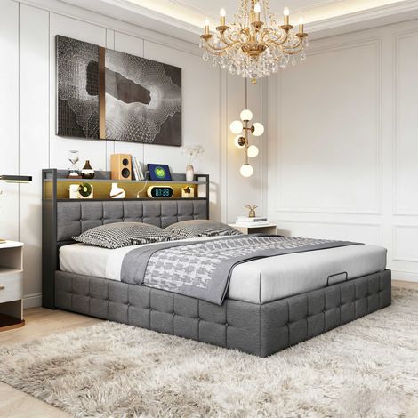 Camas para adulto 140x190 cm, cama canapé con cojín de aire, cama tapizada, cabecero con puerto USB-C y LED RGB controlable - gris