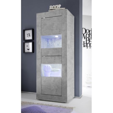 Azura Home Design – Colonne-vitrine 2 portes finition béton 61x162 cm – 3 étagères en MDF – Meuble design pour salle à manger ou salon
