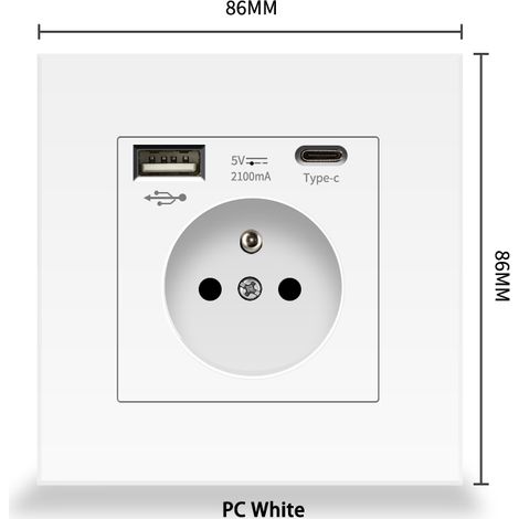 Prise de Courant Murale 16A 240V avec Ports USB (2.1A) et Type-C, Carte de Verre Trempé, Format 86x86mm, Compatible Norme Française (1/5)