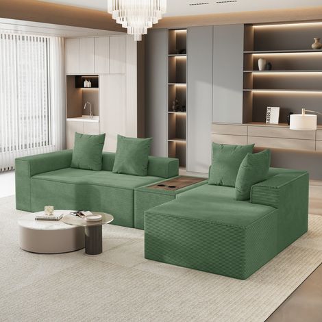 Divano modulare a 3 posti con angolo destro compresso,in velluto a coste verde,con tavolino multifunzionale integrato,divano moderno per soggiorno