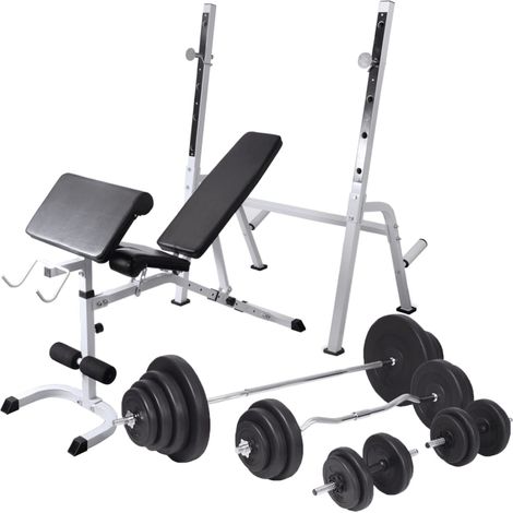 Hantelbank mit Ablage, Langhantel und Kurzhantel-Set 120 kg