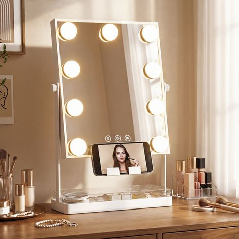 Specchio per il trucco illuminato in stile Hollywood con 9 lampadine LED, 3 colori, interruttore touch e supporto per telefono - Bianco