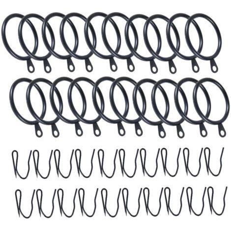 Lot de 20 anneaux de rideaux avec 38 mm de diamètre intérieur et crochets, anneaux durables pour tringles de fenêtre, Noir