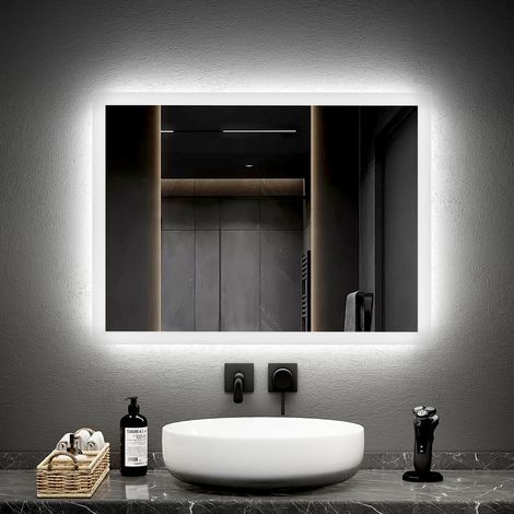 EMKE LED Wandspiegel mit Anti-Beschlag 60x80cm Mechanischem Schalter Kaltweiß Warmweiß mit Satinierter Rand