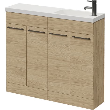 Napoli 250 Light Oak 1000mm 4 Door Vanity Unit with Round Silvo Basin - 1000mm - Gunmetal Grey 160mm Handle