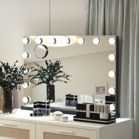 Hollywood Makeup Mirror, Light Vanity Mirror, Bathroom Mirror, with LED Dimmable Bulbs, USB Charging Port, Touch Screen(15 Bulbs, 4845cm, Black)