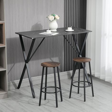 Barra de bar de estilo industrial moderno, mesa alta de cocina con efecto mármol en madera y acero, 120 x 60 x 102 cm, negra.