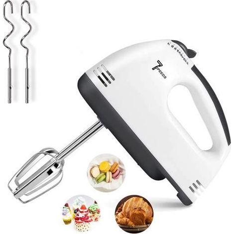 Batteur Electrique Cuisine, Mixeurs Plongeants, Fouet Manuellement 180W, 7 Vitesses, avec 2 Batteurs, 2 Crochets Pétrisseurs (1/4)