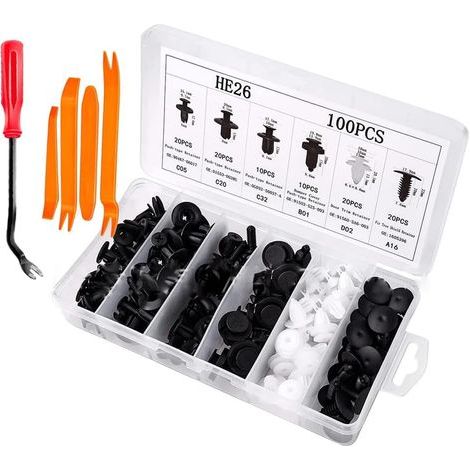 Outil de retrait pour clips de fixation de voiture, kit de 100 clips de fixation à pression pour voiture, 6 tailles les plus courantes, ensemble de rivets à pression pour automobile (1/5)