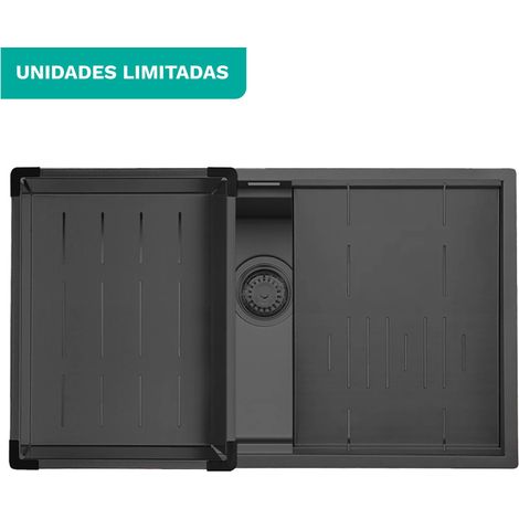 Fregadero de cocina 74x44 cm acero inoxidable AISI 304 un seno con accesorios encastrable, bajo encimera o enrasado, Antracita, Rubí