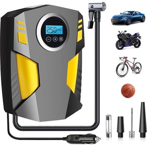 Inflador de neumáticos digital portátil para coche, bomba de aire eléctrica rápida de 12 V, con pantalla digital y luz LED para coche, bicicleta, motocicleta, balón (amarillo) (1/5)
