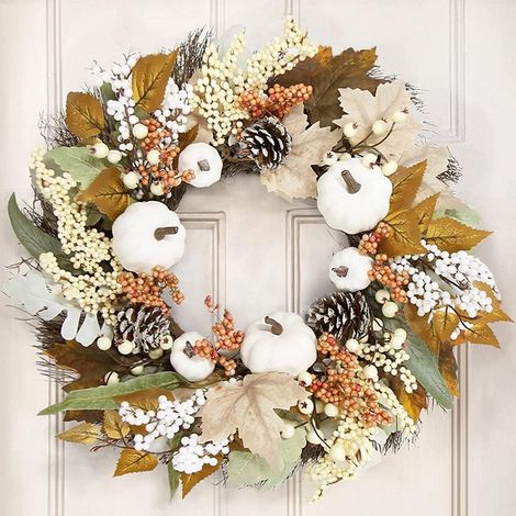 Couronne d'automne en coton 45cm avec feuilles d'érable et pommes de pin, décoration murale blanche pour Thanksgiving, suspension murale avec feuille d'érable blanche (décor de feuille d'érable blanc) (1/5)