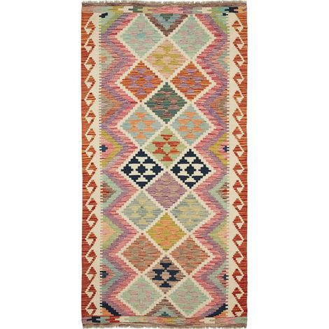 Tapis kilim 101 x 203 cm, ethnique, multicolore, beige et rouge, en laine, tissé à la main, artisanal (1/5)