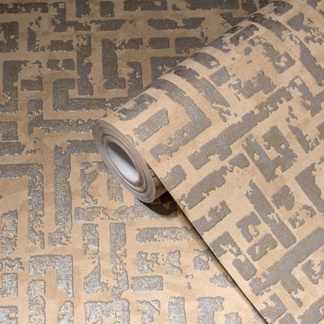 Papier peint géométrique beige marron Tapisserie graphique labyrinthe effet vieilli Papier peint contemporain idéal salon (1/5)