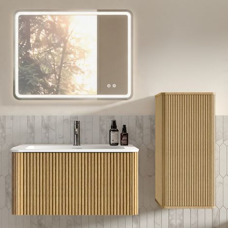 Wand-Badmöbel 81 x 46,5 x 37 cm aus MDF Eiche mit LED-Spiegel und Stauraum – MEUBLIV (1/5)