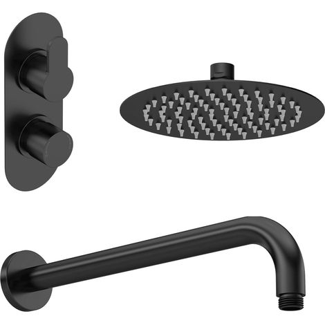 Nuie Arvan Thermostatic Twin Round Concealed Shower Valve with Fixed Head and Arm - Matt Black