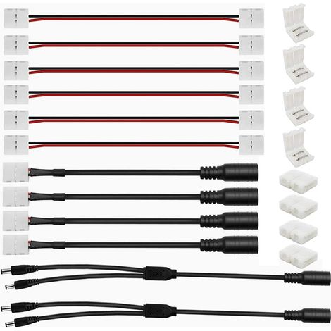 Kit Connecteurs 3528 2835 Led, 6 x 2 pin Connecteur LED Bande Flexible Câble Adaptateur Jumper 8 mm, 8 x Connecteurs Gapless, 2 x 5,5 mm x 2,1 mm Câble répartiteur, 4 x DC Connecteur
