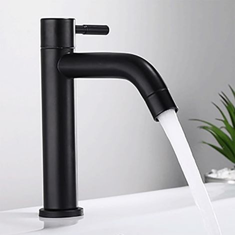 JSSEVN - Bathroom Sink Faucet, Stainless Steel Sink Faucet, Cold Water Faucet, Single Handle Waterfall Sink Faucets (Black) (1/5)