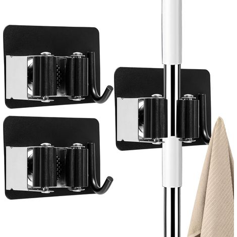 Lot de 3 supports muraux pour balais - Noir - Auto-adhésif - En acier inoxydable - Avec crochet - Sans perçage - Pour cuisine, cave, salle de bain, jardin, serpillière, pelle, outils (1/5)