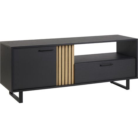 TV-Möbel 165cm in Schwarz und Eiche mit 2 Türen und 1 Fach, Kollektion LOFT. Metallfüße. (1/5)