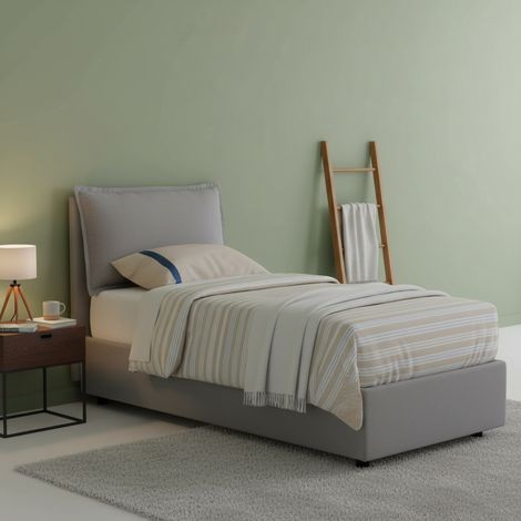Dmora - Lit simple Dmarcon, Lit conteneur avec revêtement en tissu, 100% Made in Italy, Ouverture frontale, avec matelas 80x200 cm inclus, Gris (1/5)