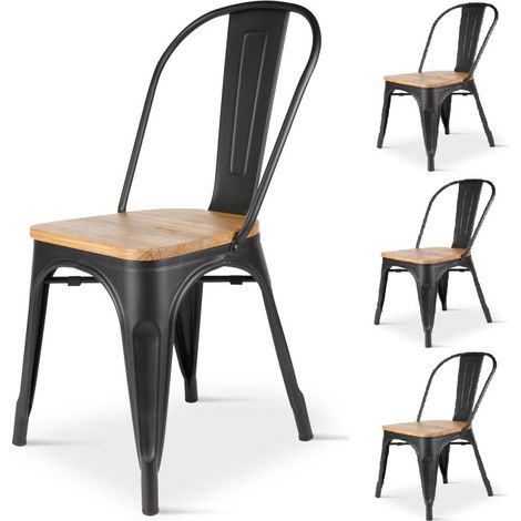 Kosmi - Set de 4 Sillas de Metal Negro Mate con Asiento de Madera Clara - Estilo Industrial (1/5)