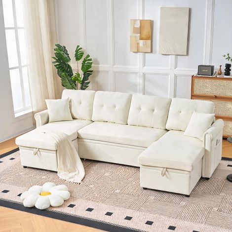 Canapé d'angle en U beige avec fonction lit et coffre en chenille (1/5)