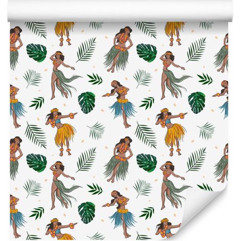 Carta da parati con donna hawaiana, bianca e grigio chiaro, 50x1000 cm (1/5)