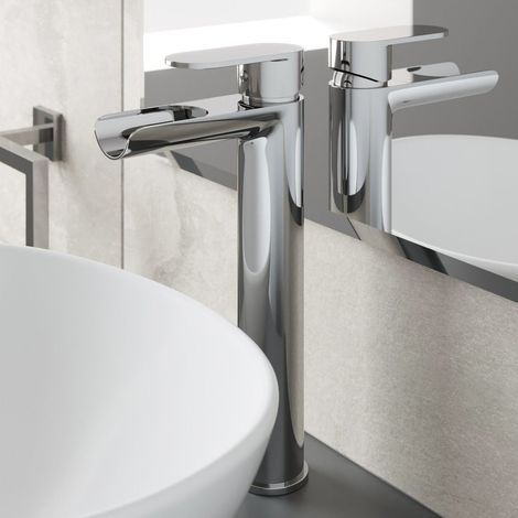 Bathroom Waterfall High Rise Tall Mono Basin Sink Mixer Tap Modern Single Lever (1/5)