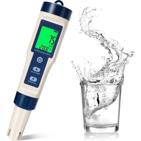 pH-mètre numérique 5 en 1 avec affichage LCD de la lumière, étanche et adapté aux piscines. (1/4)