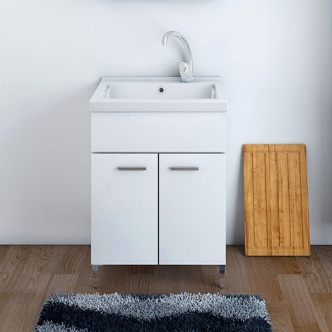 Mobile Lavatoio 60x50 cm Due Ante con vasca in ceramica Bianco Lucido (1/5)